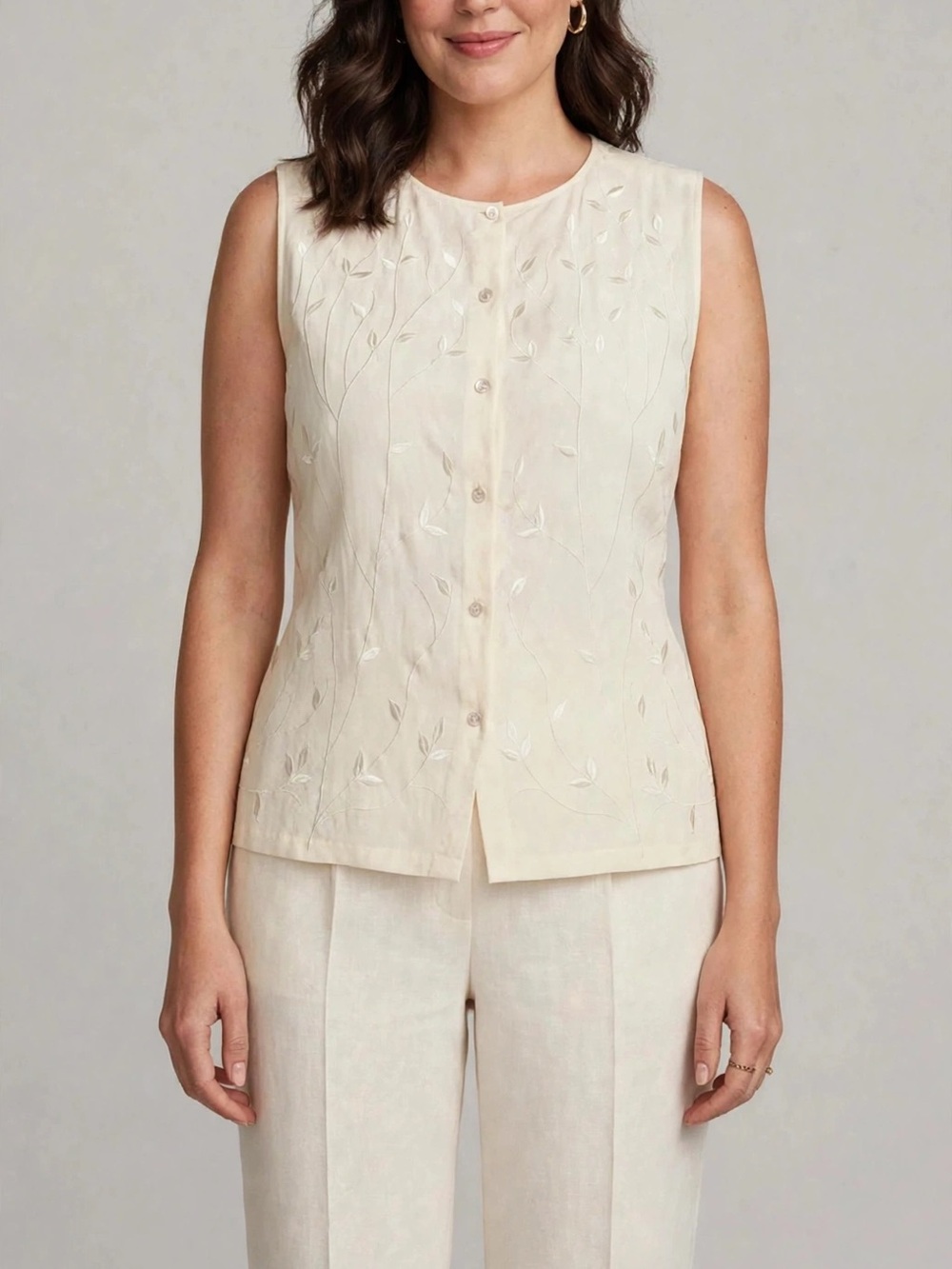 Charter Club Cream Sleeveless Embroidered Button-Front Camisole